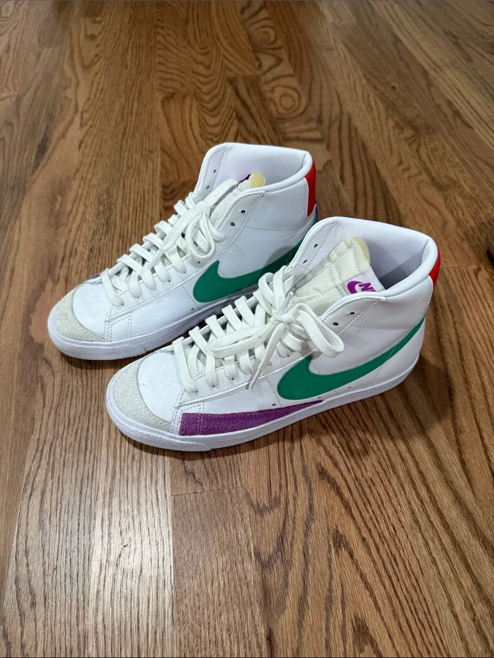 Nike White High-Top Sneakers with Green Swoosh & Purple Accent